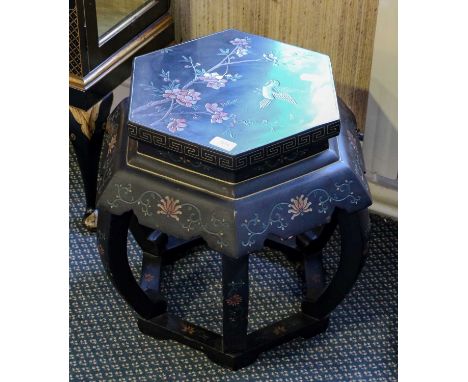 A chinoiserie standard lamp, 152cm high (excluding fittings), together with a modern South East Asian hexagonal occasional ta