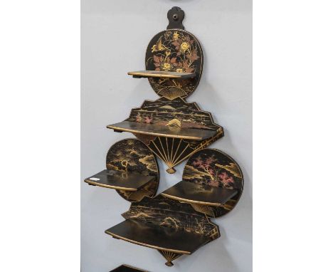 A Japanese black and gold four-tier hanging shelf, together with a chinoiserie screen, mother-of-pearl and other inlaid trays