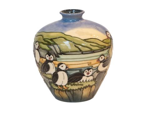 Modern Moorcroft pottery: a vase decorated in the Puffins pattern by Carole Lovatt, 18cm highCondition report: Good condition