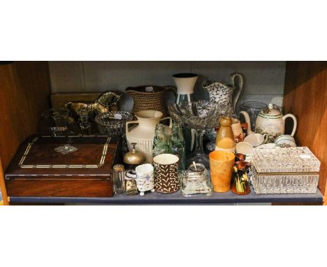 Assorted 19th century and later ceramics and glassware, comprising: a Victorian rosewood writing slope with inlaid bone, bras