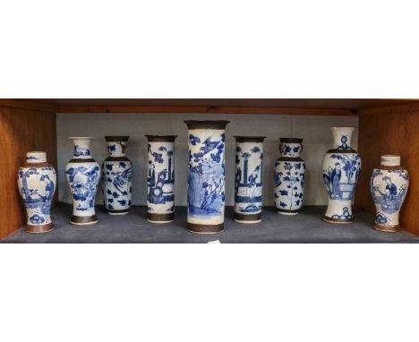 A good collection of 20th century Chinese blue and white vases, comprising: a large sleeve vase, a smaller pair of sleeve vas