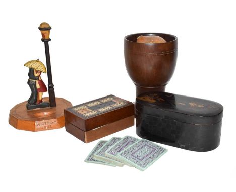 A hardwood mortar, a gourd, a lacquer box, a cribbage box and a folk art centrepiece