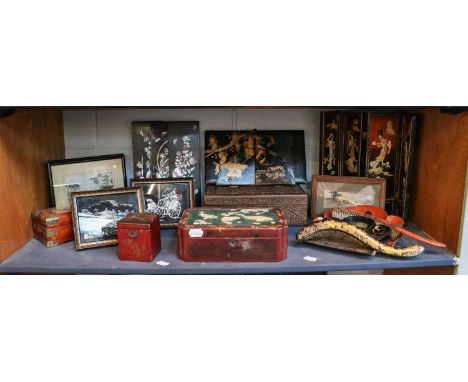 An early 20th century Japanese lacquered box, the top panel set with carved bone depicting carp, together with a group of lac