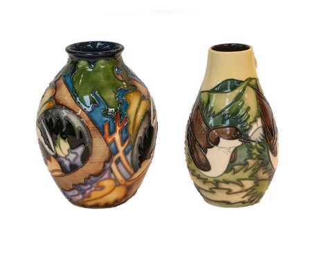 Modern Moorcroft pottery: a vase decorated with The Sett Badger pattern, and another of birds by cliffs, both 13cm highCondit