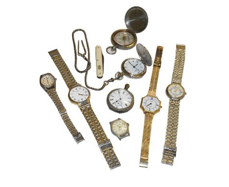 An open faced pocket watch with case stamped 0.935, nickel plated Short &amp; Mason, London compass, lady's Rotary wristwatch