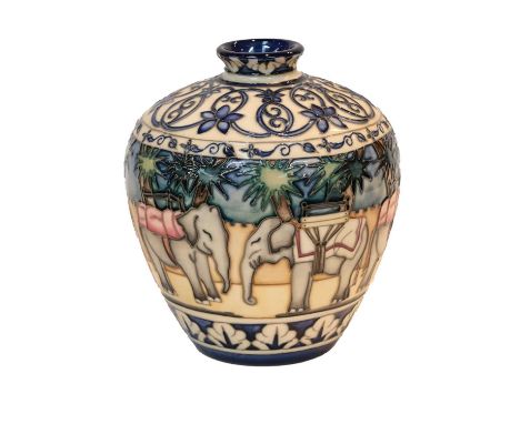 Modern Moorcroft pottery: a vase by Beverley Wilkes decorated with elephants in the Kerala pattern, 18cm highCondition report