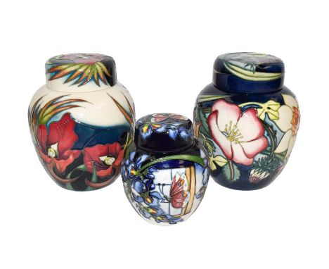 Modern Moorcroft ginger jars including: Golden Jubilee pattern, Satin Flower pattern, both 16cm high, and Wisteria Flutter, b