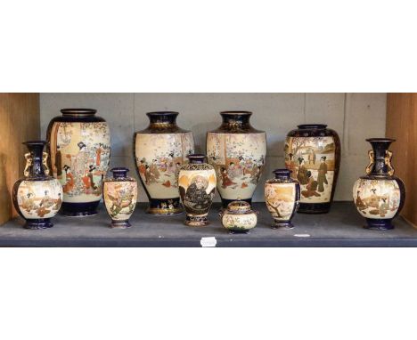 A collection of 20th century Japanese satsuma vases, each with a blue ground and depicting figures (one shelf)Condition repor