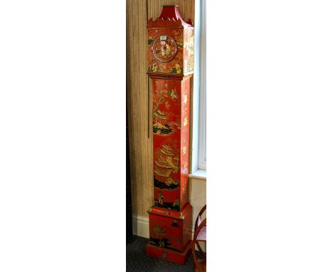 An early 20th century Chinoiserie red lacquered small longcase clock, 168cm highCondition report: The movement has been remov