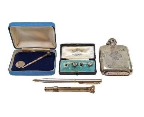 A small silver hip flask by James Dixon &amp; Sons (a.f.), a gilt metal propelling pencil, a silver golf tee and pin set, a p