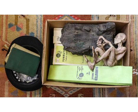 A small quantity of Subbuteo, Park Keepers paperwork, bowling balls, kitchen and agricultural implements, etc