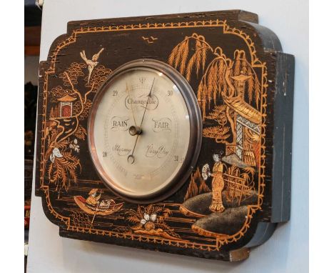 An early 20th century chinoiserie barometer, the silver dial signed S E Dixon Optician, Belfast, 37cm by 29cm