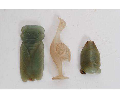 2 Chinese archaic jade carvings in the form of insects together with a hardstone Chinese carving of a stork