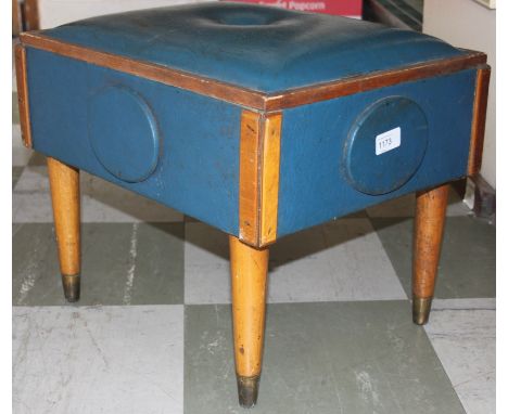 A vintage early 20th century blue vinyl and beech wood foot rest of unusual shape together with an Arts & Crafts oak dressing