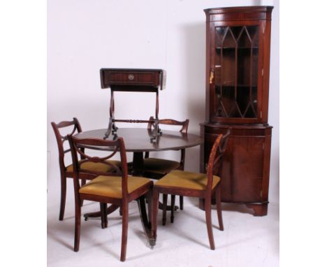 A Regency style dining room suite to consist of a tilt top mahogany dining table, 4 dining chairs with drop in seats, a drop 