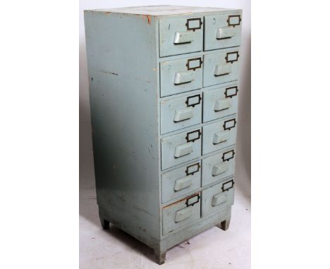 A vintage 20th century large wooden shabby chic painted Industrial office pedestal filing cabinet / stationary cupboard havin