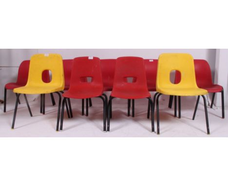 A collection of vintage 1980's childrens stacking chairs on tubular metal supports. Consisting a set of 4 red, 2 smaller red 