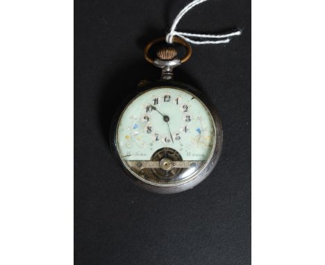 A Swiss made nickel cased Hebdomas style visible balance pocket watch, the light green enamel dial with blue guilloché enamel