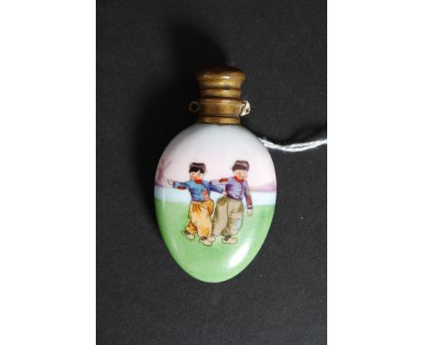 An early Chinese export ware 20th century ceramic and gilded metal snuff / perfume bottle depicting two children