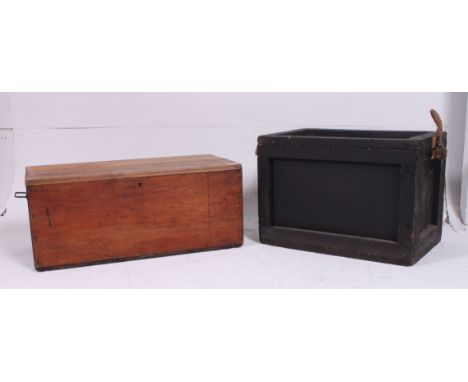 A vintage early 20th century ebonised pine ammo trunk - steamer chest with rope handles together with another pine box with i