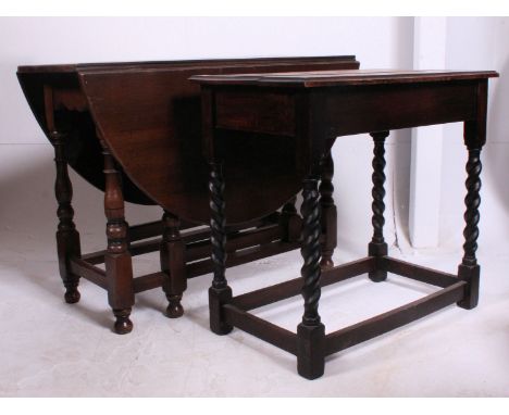 A good quality country oak drop leaf / gate leg dining table together with a 1920's barley twist side / lamp table H74 W107 D