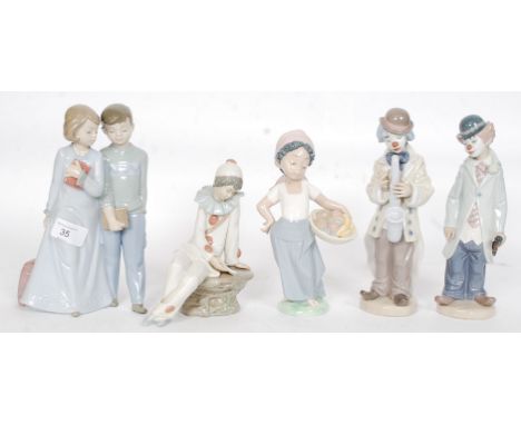 Nao / Lladro; A collection of 5x Nao / Lladro figurines - to include clowns, a pair and a child figurine. Each stamped to the