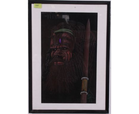 A framed and glazed pastel portrait study of an aboriginal tribal warrior