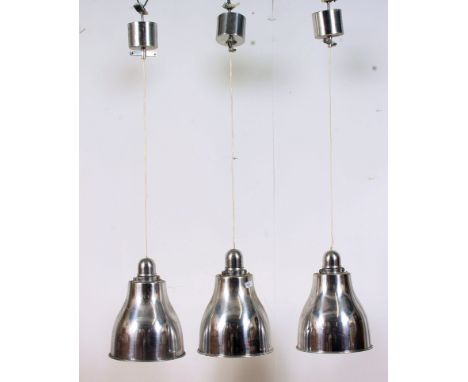 A set of three contemporary retro style chrome / polished steel finish rise and fall pendant light fixtures H170 W48 D43cm