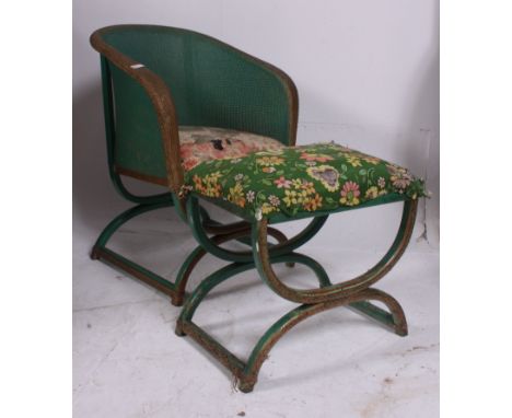 A vintage 1940's Lloyd Loom style conservatory chair in green with cross leg stretchers together with the matching footstool,
