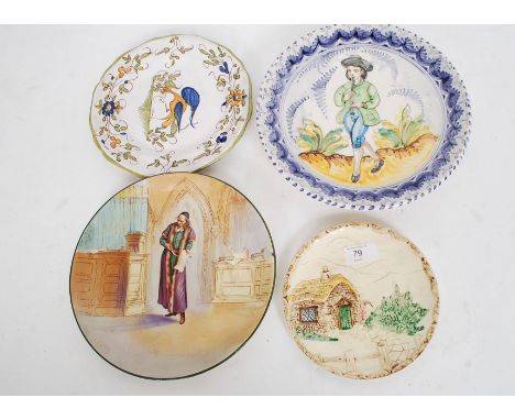 A mixed lot to include six ceramic bottle stoppers / pourers, along with a Royal Doulton Shylock plate, a Shorter & Sons dish