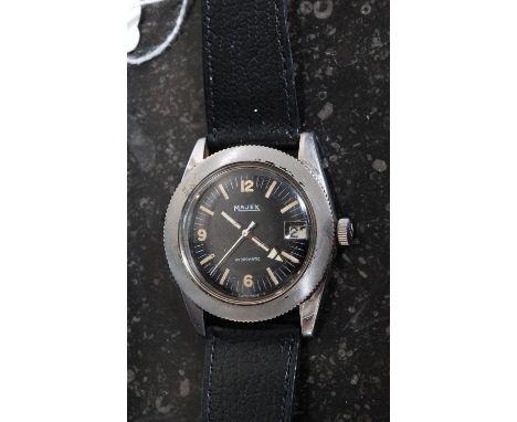 A vintage gentlemans Majex Hydromatic wristwatch having black face with baton numerals and date aperture set onto black leath