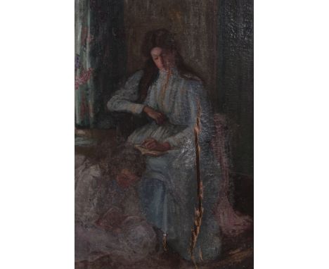 A 19th century oil on board painting - portrait study of a lady being set within a large gilt wood frame. AF.
