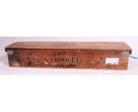 A vintage Jacques Croquet set within the original heavy wooden carry case box. Original label affixed to underside of lid. H2