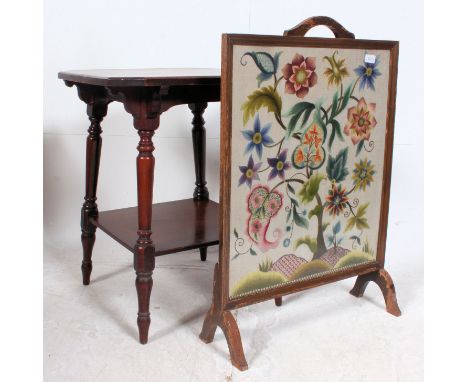 A Victorian mahogany centre table together with a tapestry inset early 20th century fire screen being glazed