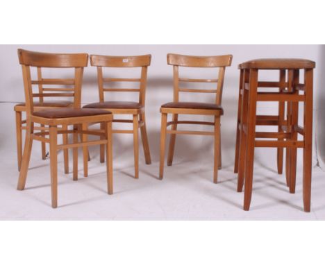 A set of 4 retro vintage 1960|'s chairs together with 2 vintage vinyl padded seat kitchenette dining stools H78 W39 D39 cm