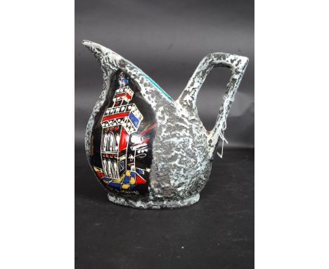 A Liberty's 1950's studio pottery ewer jug with glazed architectural decoration inscribed for Rep San Marino. Marked to base 