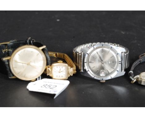 A ladies vintage Avia 9ct gold dress watch together with a silver and leather strap cocktail watch, a Timex vintage gentleman