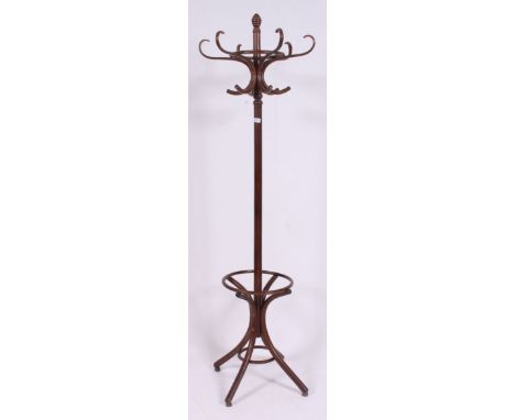 An mid 20th century retro / vintage Thonet style bent wood hat and coat stand, on splayed legs H195 W60cm