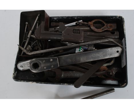 A good selection of vintage motor car tools, Mk1 Jaguar spanner, other spanners, and various other automotive tools