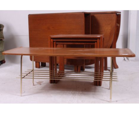 2 vintage 1970's retro teak drop leaf dining tables together with a faux teak and brass  hairpin leg rectangular coffee table