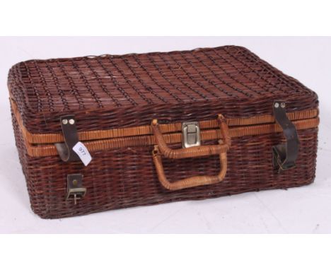 A vintage wooden  picnic hamper complete with plates cups, gingham interior etc H18 W54 D39 cm