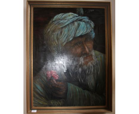 A large 20th century oil on canvas 3/4 portrait study of an elderly Arabian gentleman being signed ( illegible) to the corner
