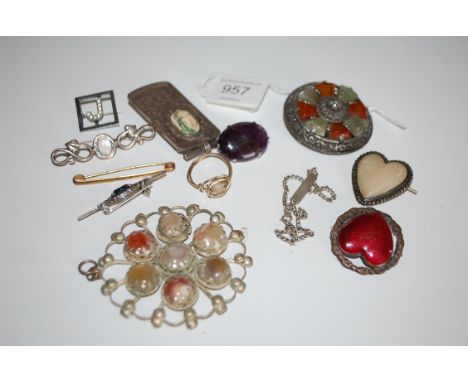 A fabulous collection of ladies brooches and pendants silver and white metal to include cabochon amethyst, agate stone heart,