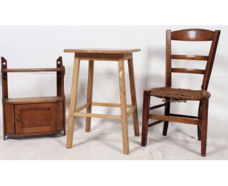 A Nineteenth century Fruitwood Victorian nursing chair together with a pine side table and a Victorian hanging cabinet. Measu