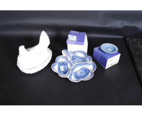 A Portmeirion ceramic chicken together with a collection of Wedgewood china ceramics still in the box along with a Masons chi