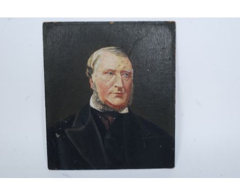 An unframed Victorian oil on board painting 3/4 portrait study of an elderly gentleman with notation to verso 1872 FM Taylor