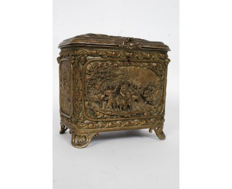 A 19th century regency cast tea caddy raised neo classical scenes, gilt finish