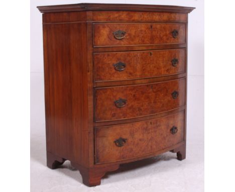 A 20th century Georgian style burr walnut bow fronted chest of drawers. Four drawers with brass handles on bracket feet. 33" 