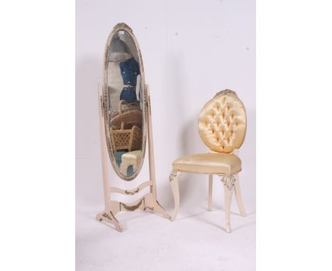 A good quality Louis 15th French shabby chic style bedside chair with button back upholstery being raised on slender supports