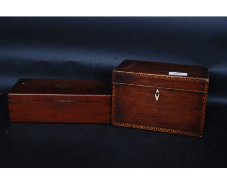 A 19th century rosewood tea caddy having ivorine key hole escutcheon and Tunbridge ware decoration along with an Edwardian ci